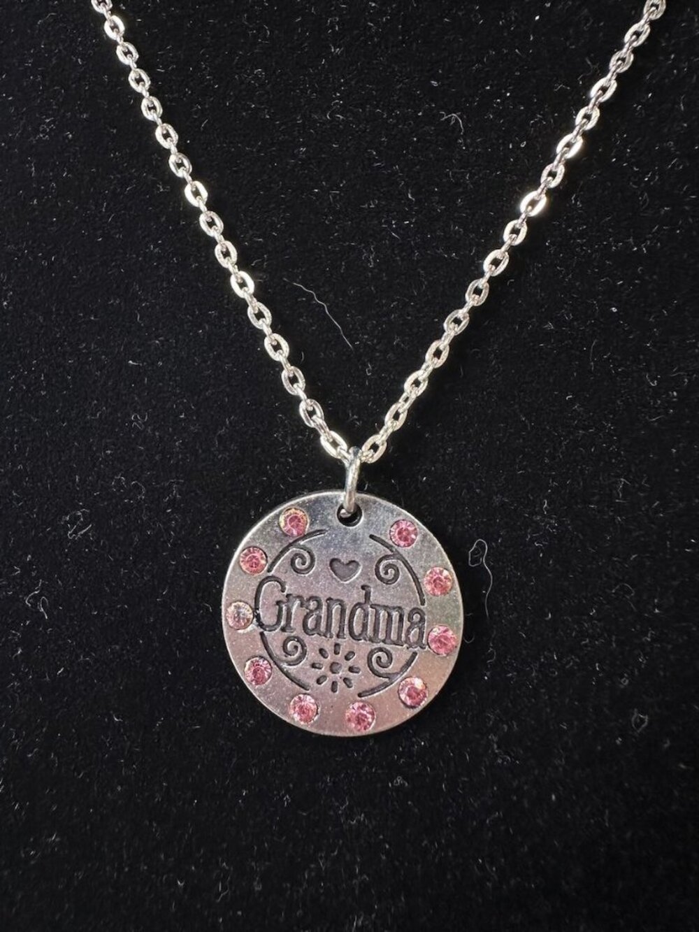 NIB Grandma SIlver Tone Pendant Necklace with Pink Crystals